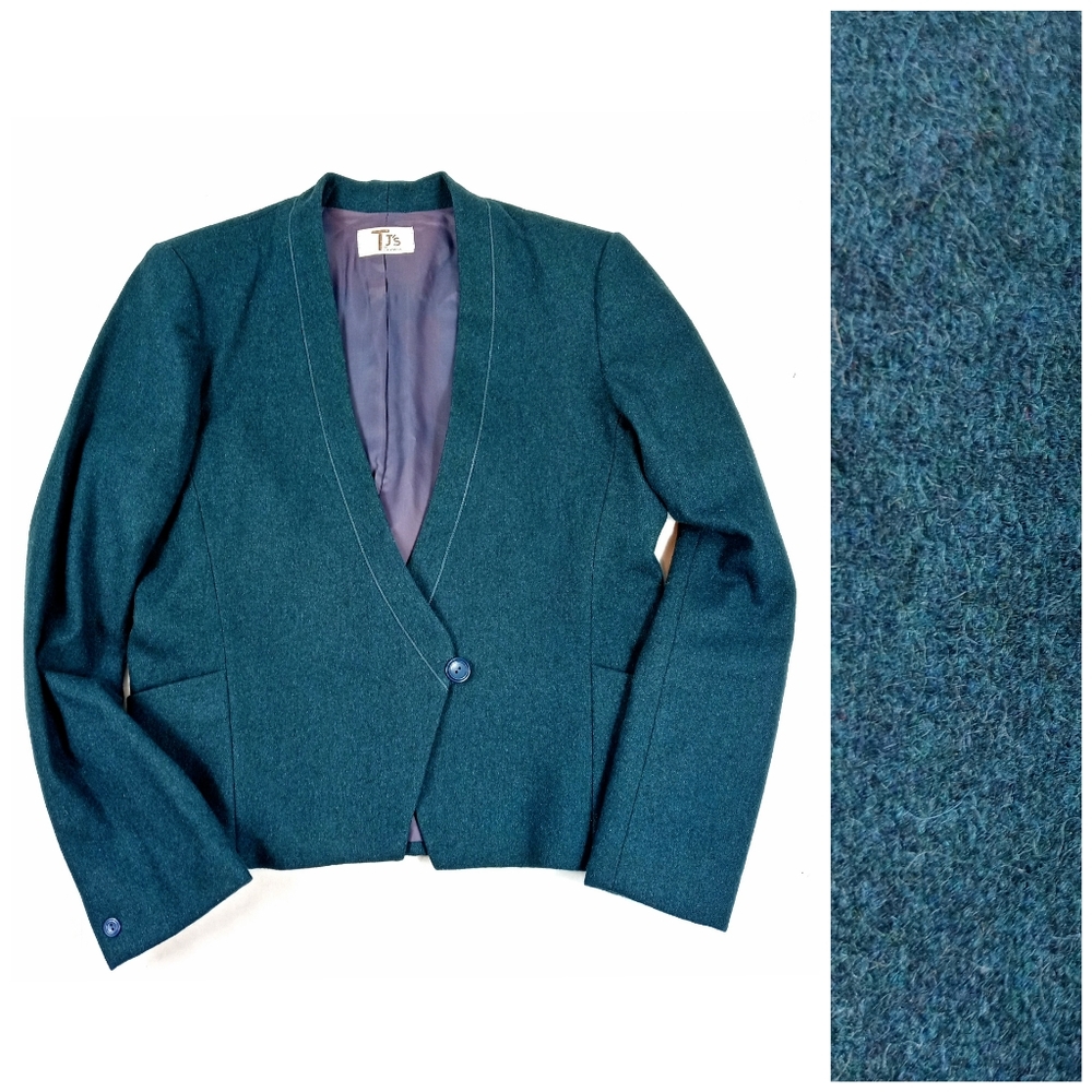 Vintage 70s TJ's of California Asymmetric Teal Wool Minimalist Blazer Size Large